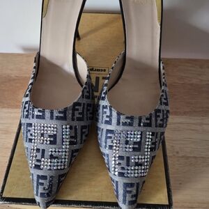 Fendi Women's Monogrammed Navy Blue Heels with Rhinestones Size 40